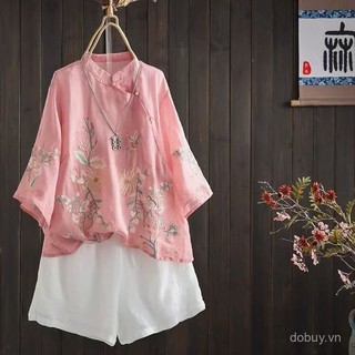 Áo sơ mi vải lanh cotton phong cách Trung Quốc, thêu lớn, cổ đứng, tay 3/4 với nếp gấp và nút ếch
