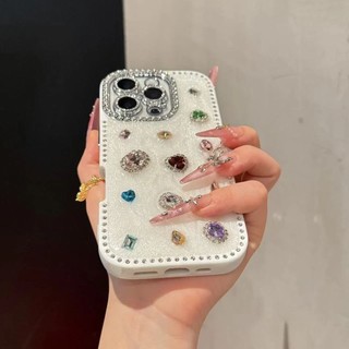 Advanced Flash Diamond Edge Cream Color Gem Phone Case cho iPhone16 15 14 13 Pro Max Bảo vệ Camera chống sốc Vỏ cứng chống rơi