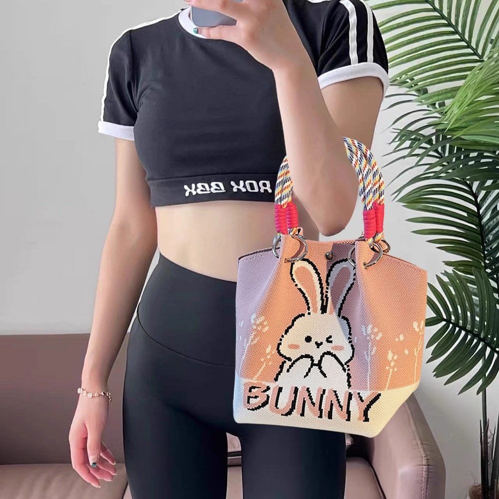 HOBBYIN Túi Đeo Vai HOBBYIN, Túi Xô Dệt Kim Dung Tích Lớn Handmade, Túi Xách Khóa Vòng Dệt Hoạt Hình Thời Trang Cho Nữ Bé Gái