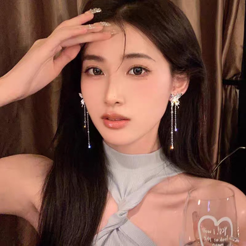 Thời trang Hàn Quốc - Bông tai bạc viền đá hình bướm, quà tặng sinh nhật cho nữ sinh viên