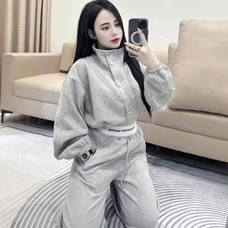 Bộ Nỉ Croptop Khuy Bấm Mix Quần Ống Suông KCloset Màu Xám Tiêu Siêu Hách Dáng NA982