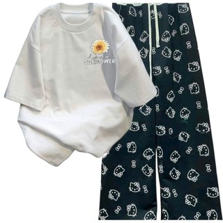 Tổng hợp các sét bộ quần ống  HOẠ TIẾT MÈO+ mix áo phông hoa cúc  CHẤT COTTON MÁT-