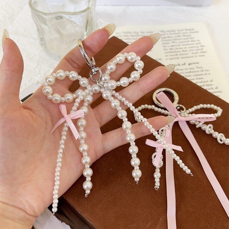 Y2K Màu Hồng Ribbon Bow Pearl Backpack Mặt Dây Chuyềns - Móc Khóa Sáng Tạo/Điện Thoại Di Động Mặt Dây Chuyền