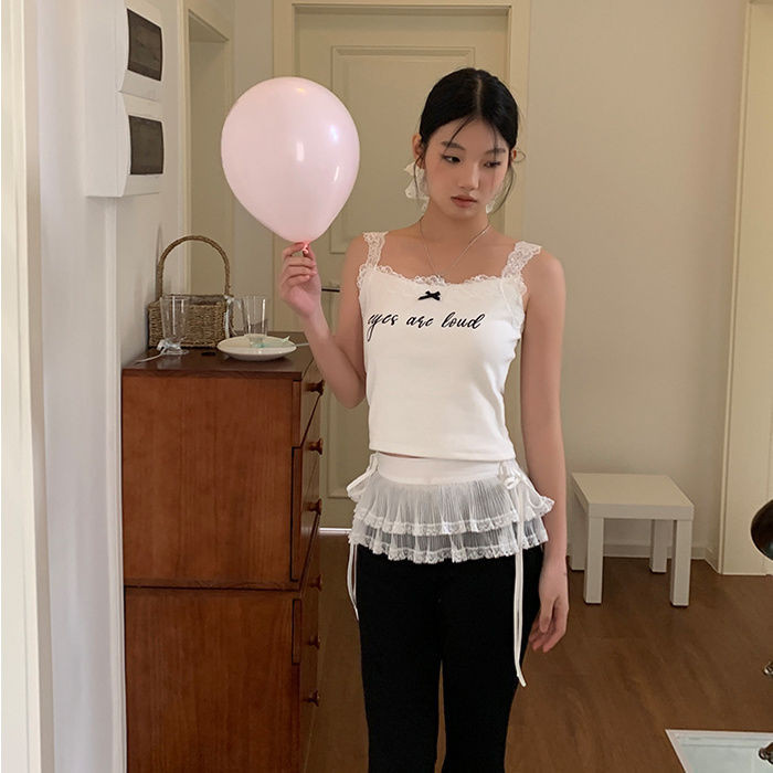 Milyfashion Lớp Fart Rèm Trắng Ren Xếp Ly Voan Khâu Mùa Hè Bust Chữ A Váy Ngắn Eo Cao