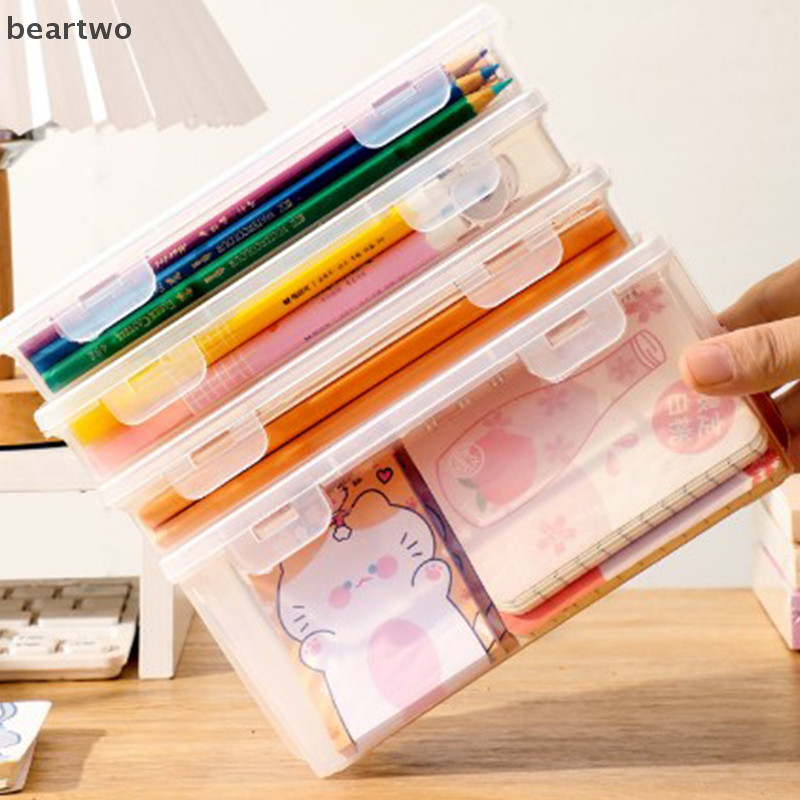 < Beartwo > Hộp bút chì trong suốt Nhựa al Văn phòng phẩm Hộp đựng văn phòng phẩm Bút sắp xếp Đồ dùng lưu trữ Đẹp