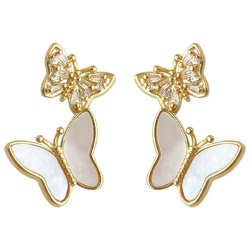 Bông Tai Bướm vỏ sò 14k mạ Zircon kim bạc Hoa tai đi làm thời trang đơn giản khí chất thanh lịch ngọt ngào