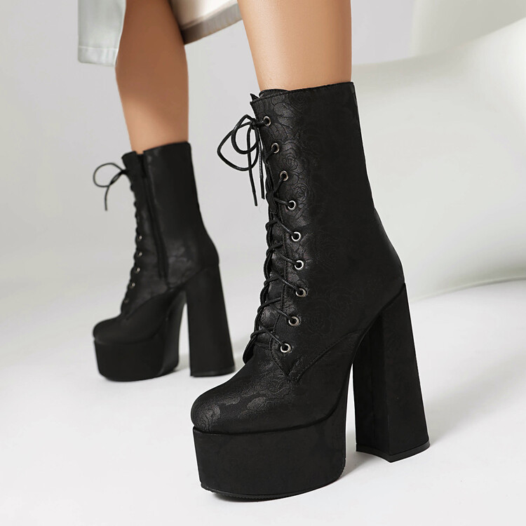 35-44 Kích Thước Gothic Phong Cách Dày Cao Gót Đến Mắt Cá Chân Giày Nữ Châu Âu Mỹ Mới Đế Dày Buộc Trước Chống Thấm Nước Boot