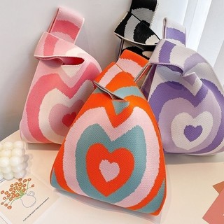Túi đeo tay thắt nút Mini dành cho nữ Handmade Túi xách dệt kim thông thường Túi Tote kẻ sọc màu Túi Tote sinh viên Túi mua sắm tái sử dụng