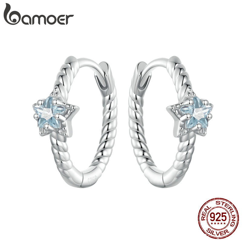Bông tai bạc Bamoer 925 Sterling Thiết kế ngôi sao lấp lánh Quà tặng trang sức dành cho nữ.