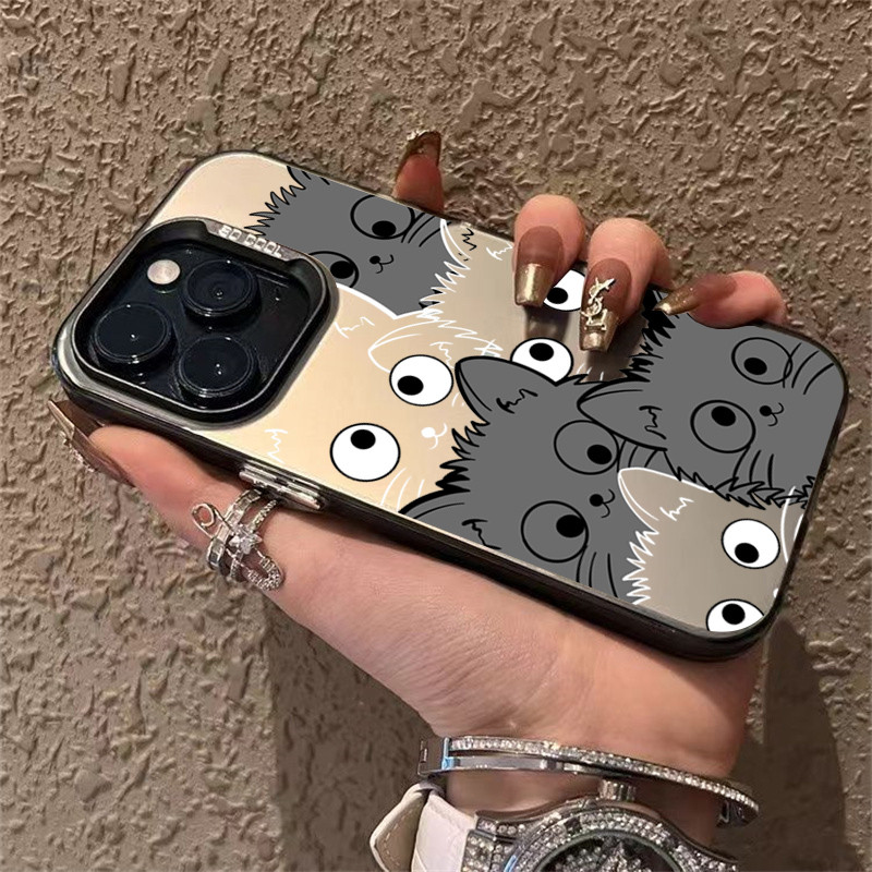 Ốp Lưng Cho iPhone 11 16 14 15 12 13 Pro Max 16e 8 7 Plus XR X XS Max SE2020 2022 Phim Hoạt Hình Mèo Sang Trọng IMD Kim Loại Cứng Chống Sốc