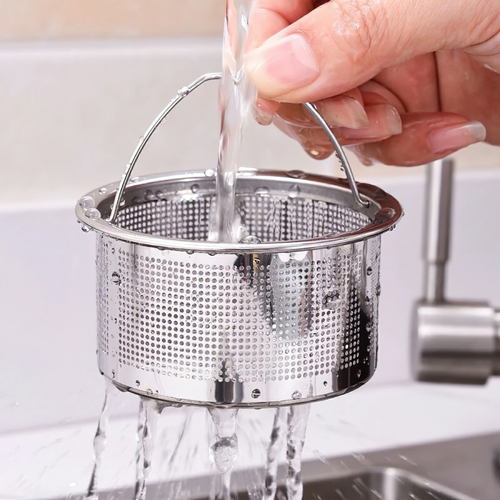 Giỏ lọc rác bồn rửa bát, lọc rác inox 304, loại cao cấp, có dây treo xách FE132