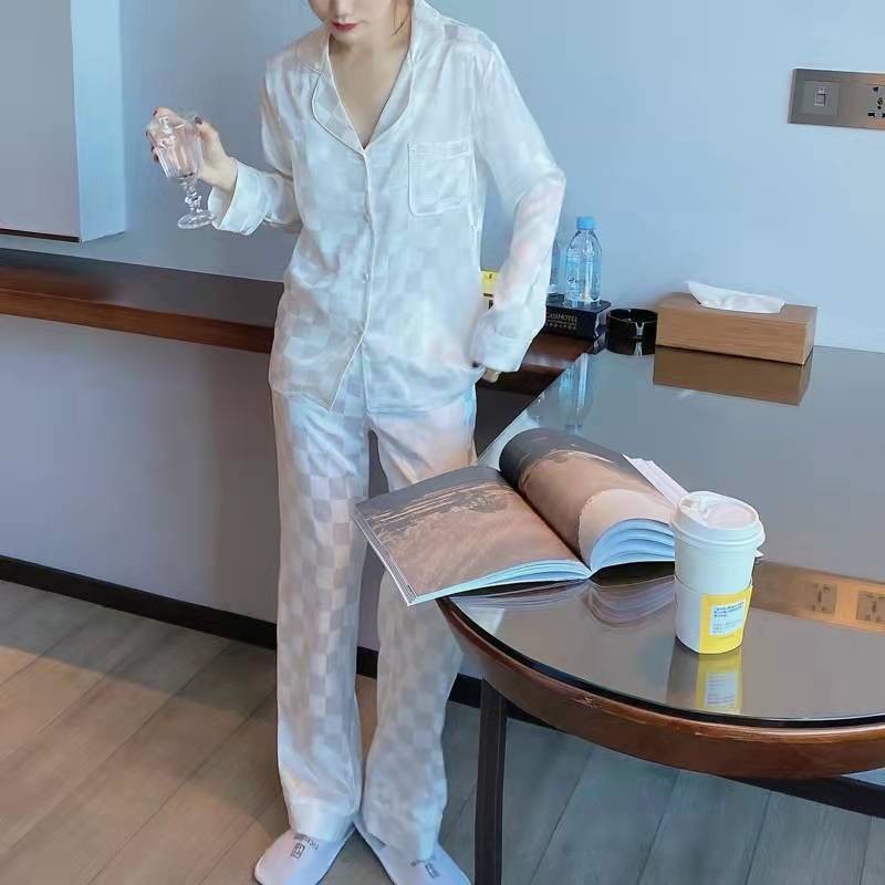 Checkerboard Ice Silk Giả Bộ Đồ Ngủ Lụa Nữ Thu Đông Dài Tay Phiên Bản Hàn Quốc ins Nữ Homewear [luyoo32]