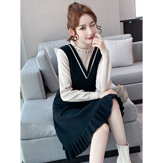Mùa Thu Đông Đầm Dệt Kim Váy 2024 Phong Cách Mới Plus Size Đầm Nữ Béo mm Thời Trang Giảm Tuổi Màu Sắc Phù Hợp Với Cổ Tròn Giả Hai Mảnh