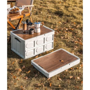 Bàn camping gấp gọn kết hợp hộp đựng đồ đa năng bằng nhựa, nắp gỗ MDF để đi cắm trại, dã ngoại, picnic FE123