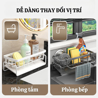 Kệ để đồ rửa chén bát, Giá đựng đồ rửa bát chất liệu thép không gỉ tích hợp giá treo khăn tiện lợi