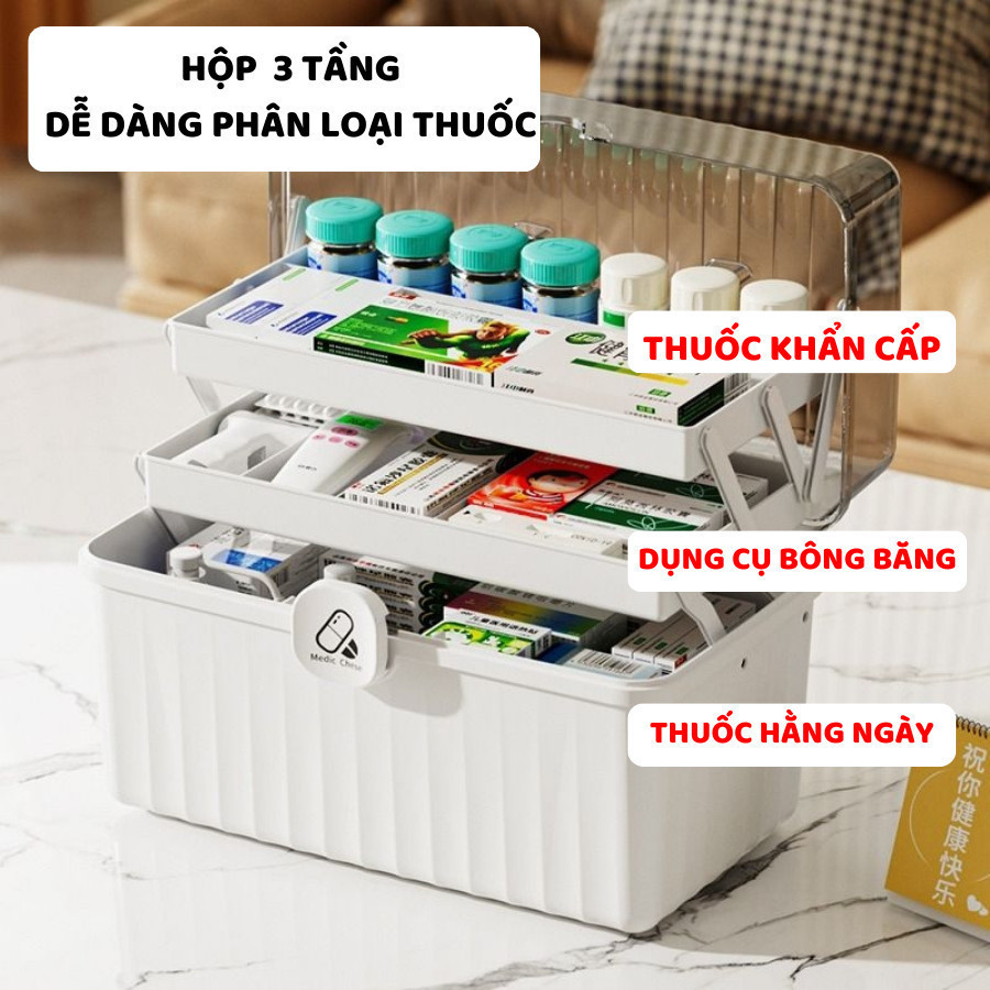 Hộp Đựng Thuốc 3 Tầng, Hộp Đựng Thuốc, Đồ Y Tế Gia Đình Có Tay Cầm, Khóa Đóng Mở An Toàn Q080 AMIZIN