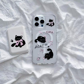 Vỏ bảo vệ thẻ hình mèo đen nơ dễ thương cho iPhone 15pro 15promax 14 14promax 14promax 14pro 16 pro max 16 plus ốp lưng
