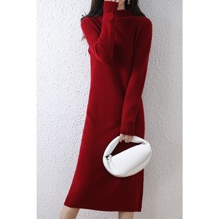 Đầm Dệt Kim Nửa Cổ Cao Cổ Áo Len Đầm Thu Đông Đầm Dài Phong Cách Bên Trong Đáy Váy Thẳng Trượt Tuyết Dài