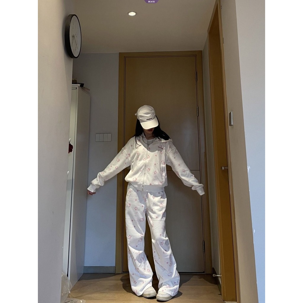Dopamine Sweet Girl Hello Kitty Quần ống rộng nữ Gió lười thường ngày Kéo thẳng sàn Quần dài mỏng [BL]