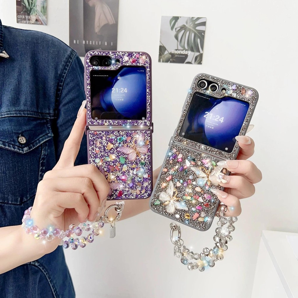 Ốp Điện Thoại Lấp Lánh Sang Trọng Cho Samsung Galaxy Z Flip 7 6 5 4 3 Flip7 Flip6 5G Dễ Thương Bling Đá Pha Lê Cổ Tay Bao