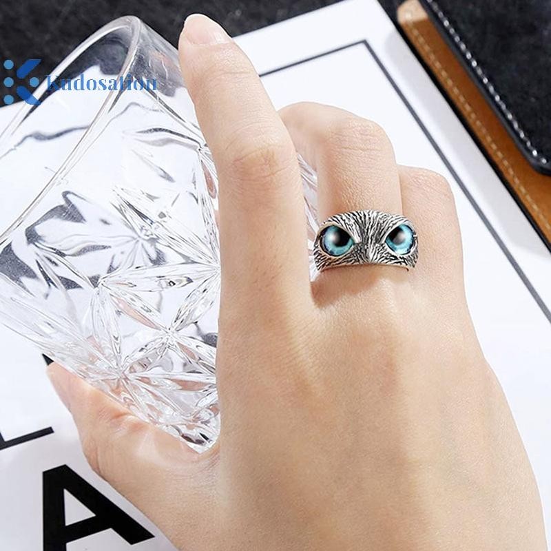 Kudosation Vintage Động Vật Mở Có Thể Điều Chỉnh Đôi Mắt Xanh Cú Nhẫn Nam Nữ Trang Sức Dự Tiệc Quà Tặng