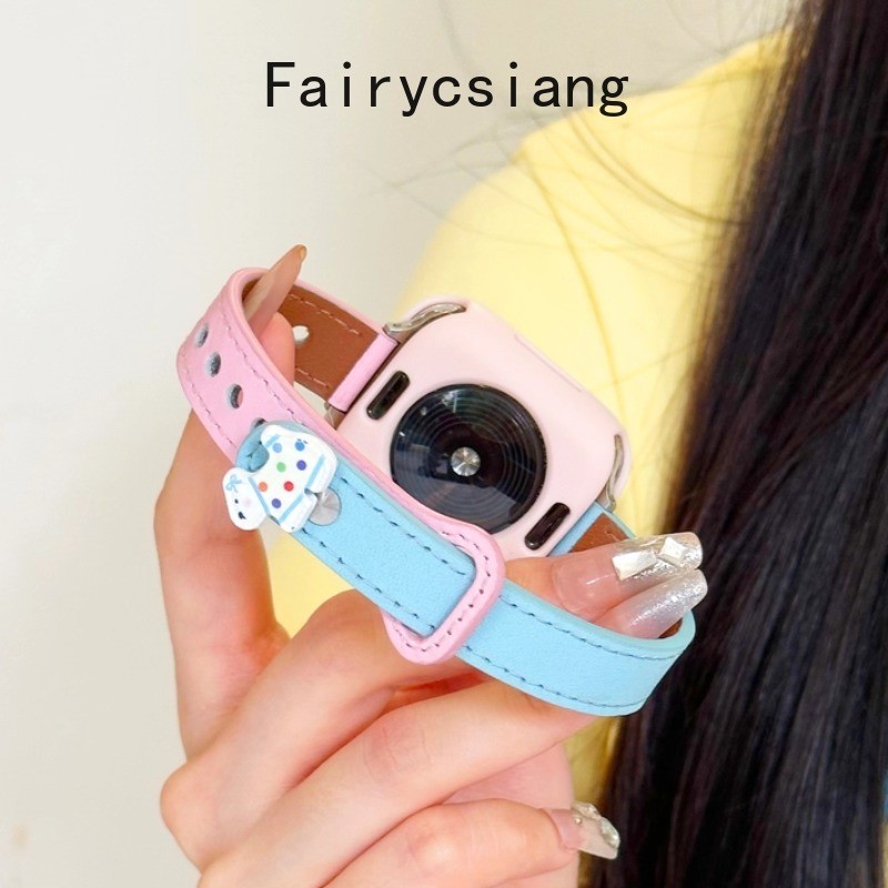 Dây da màu hồng + Sku màu xanh cho Apple Watch 10 42 46mm SE 44 45mm 9 8 7 6 5 4 Vòng tay cho Iwatch 38 41 40mm Ultra2 49mm