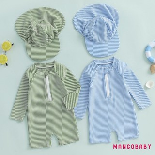 MG-Kids Bé Trai Dài Tay Đồ Bơi Mùa Hè Sọc In Dây Kéo Rash Guard Đồ Bơi Và Mũ Đi Biển Bộ Đồ Tắm