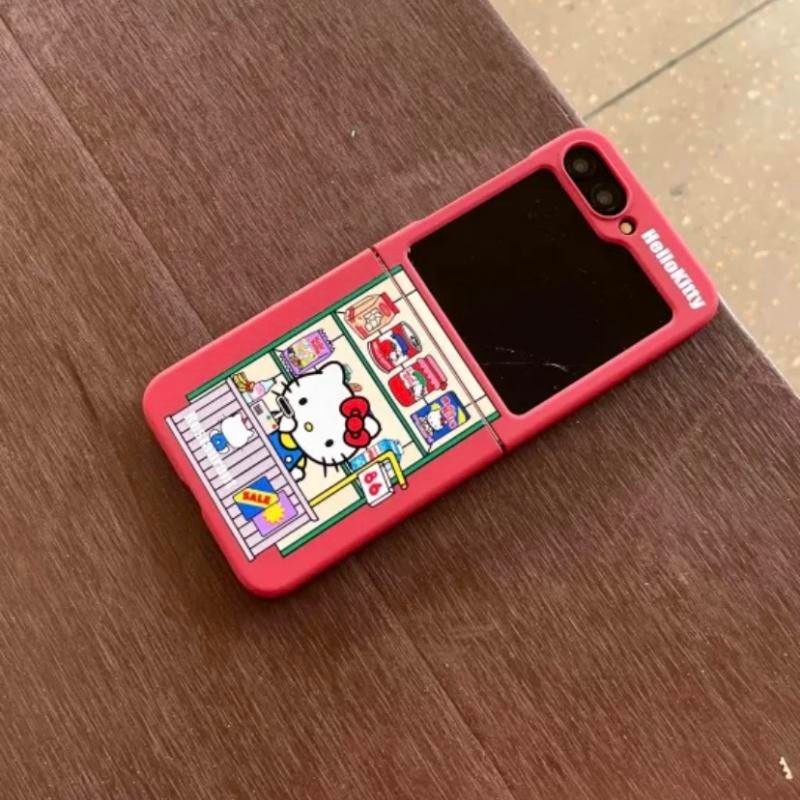 Ốp Điện Thoại Thích Hợp Cho Samsung Galaxy ZFlip7 ZFlip6 Hoạt Hình Dễ Thương Họa Tiết Kitty Dây Gấp Vỏ Cho ZFlip5 zflip4 zflip3 N3flip Mixflip 5G Vòng Tay Bảo Vệ