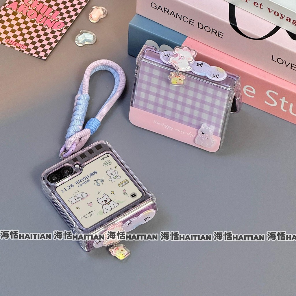 Phim Hoạt Hình Mới Màu Tím Checker Puppy Dây Buộc Ốp Lưng Điện Thoại Thích Hợp Cho Samsung Galaxy ZFlip7 Gấp Vỏ Vòng Tay Cho ZFlip 5 6 4 5G N3Flip MixFlip Túi Bản Lề Bảo Vệ