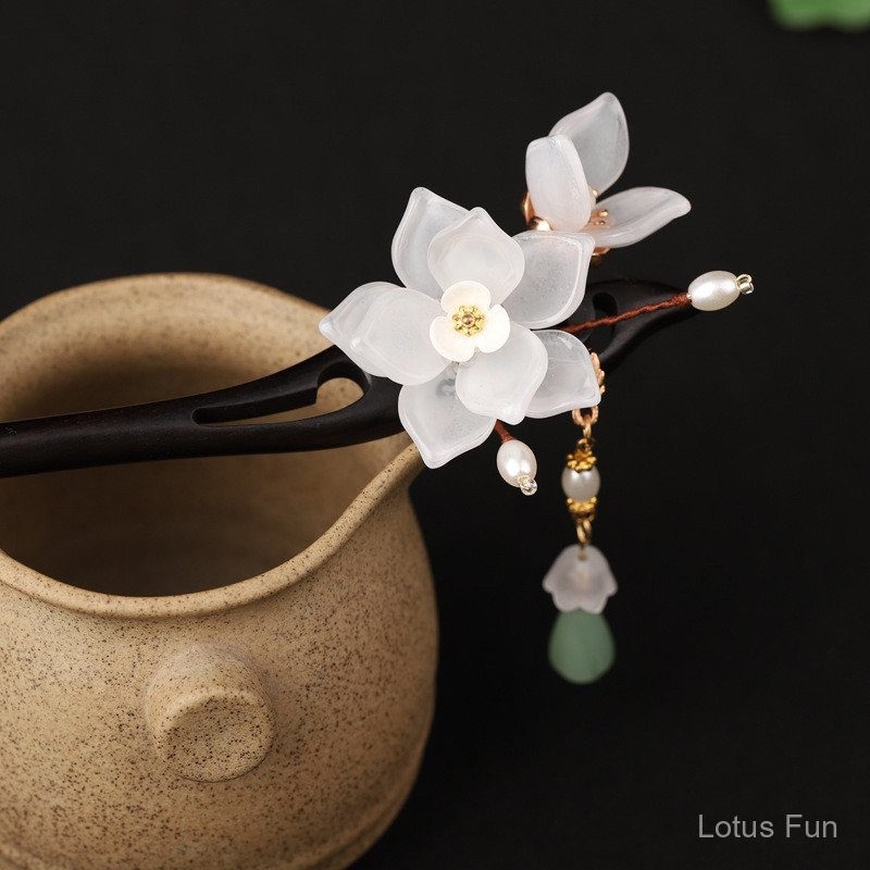 Handmade Ngọc Xoắn Kẹp Tóc Hoa Mun Kẹp Tóc Hanfu Trang Phục Cổ Kính Hoa Mộc Lan Cổ Điển Tính Khí Thanh Lịch Tua Rua Bước Hình Hanfu Sườn Xám Cuộn Dây