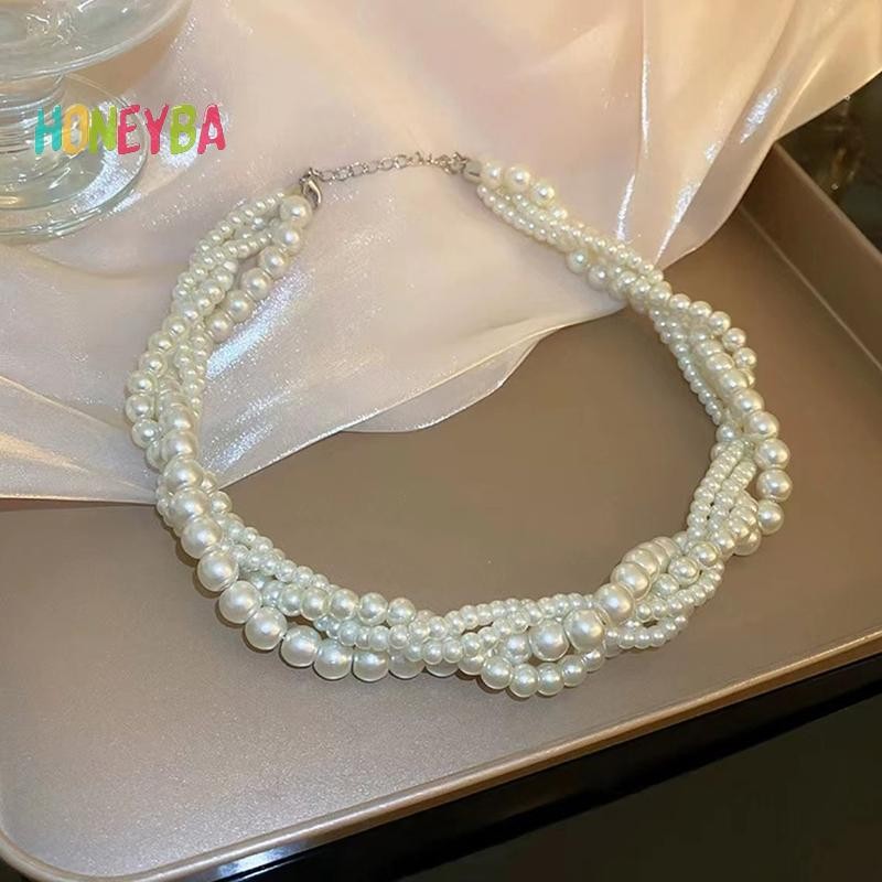 < Honeyba > Dây chuyền vòng cổ ngọc trai Twining dành cho nữ Dây chuyền hình học Phụ kiện trang sức đám cưới