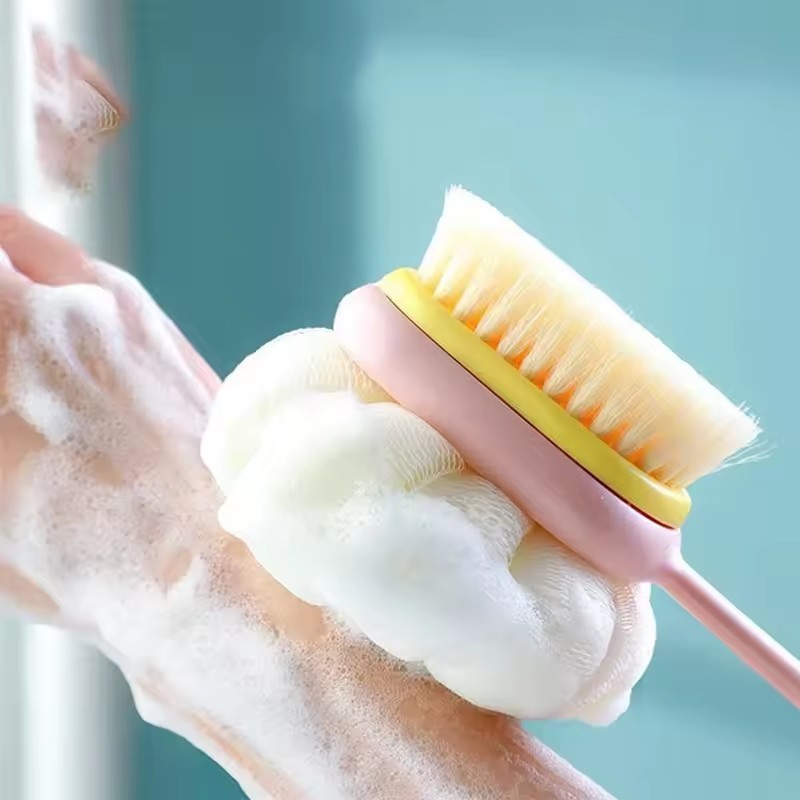 [H & L] Bàn chải tắm hai đầu chuyên nghiệp - Tẩy tế bào chết toàn thân lông mềm & cứng, Tay cầm tiện dụng để chà lưng, Thiết yếu phòng tắm chống nước (Hồng / Xanh)