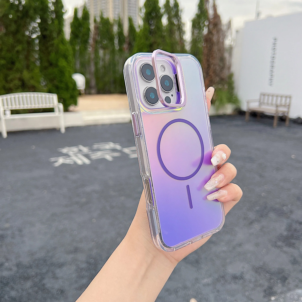 Giá đỡ kim loại Gradient Bảo vệ ống kính Vỏ từ tính chống sốc cho iPhone 17 Air 16 15 14 13 12 Pro Max Plus 16e Vỏ sạc không dây