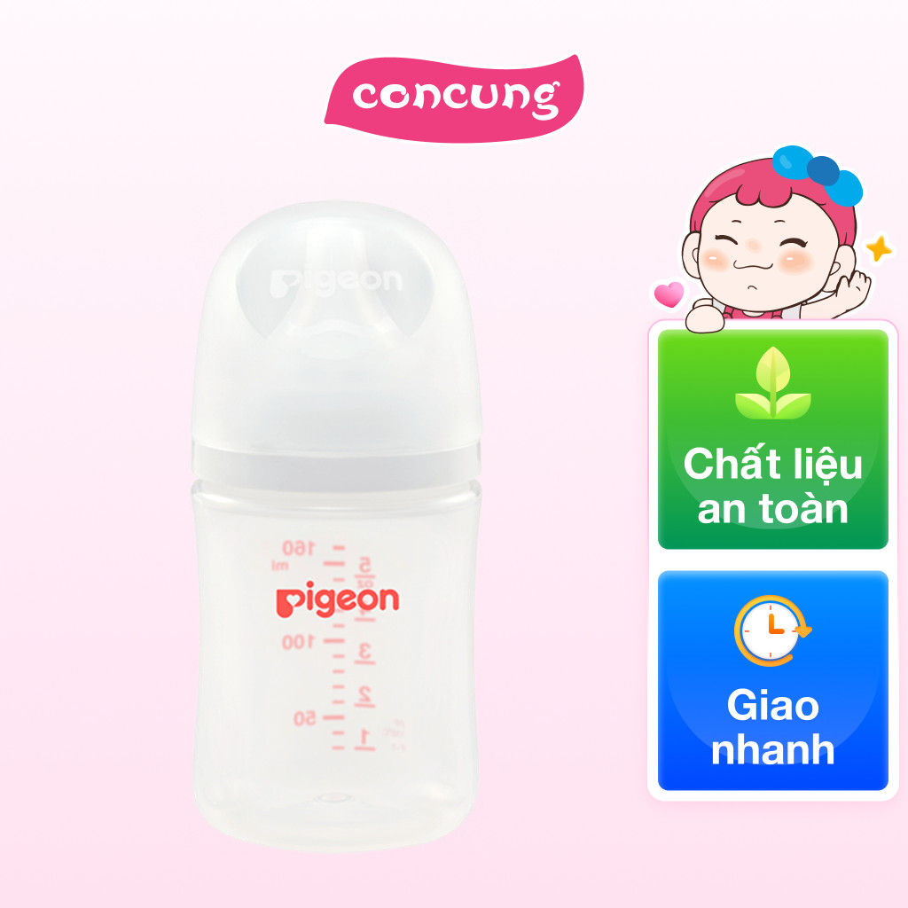 Bình sữa Pigeon PP chính hãng chống đầy hơi cổ rộng 160ml cho bé sơ sinh núm ti siêu mềm chống sặc