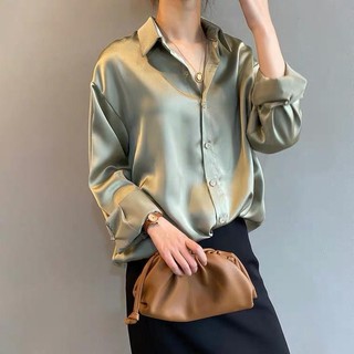 Áo Sơ Mi Nữ Trắng Satin Giả Lụa Dài Tay Rời