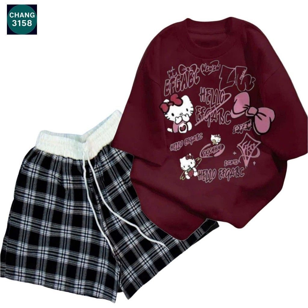 sét bộ quần đùi cộc kẻ caro cạp chun màu trắng +mix áo phông form rộng-MÈO CUTE -cam 3158