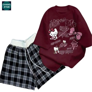 sét bộ quần đùi cộc kẻ caro cạp chun màu trắng +mix áo phông form rộng-MÈO CUTE -cam 3158
