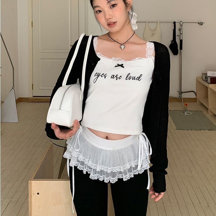 Milyfashion Lớp Fart Rèm Trắng Ren Xếp Ly Voan Khâu Mùa Hè Bust Chữ A Váy Ngắn Eo Cao