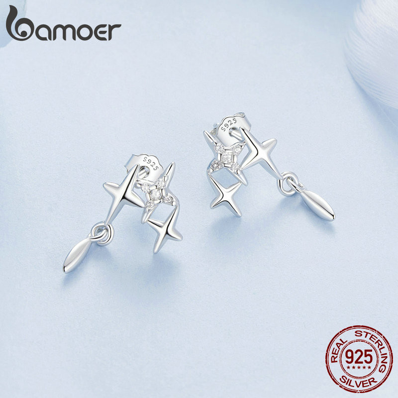 Bamoer 925 Sterling Sliver Studs Bông Tai Thiết Kế Đầy Sao Quà Tặng Trang Sức Cho Nữ
