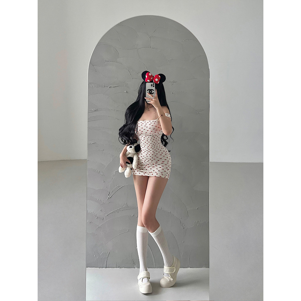 Pure Desire Phong Cách Cô Gái Ngọt Ngào In Hình Anh Đào Skinny Ôm Hơn Nhìn Dây Đeo Đầm Hông Váy