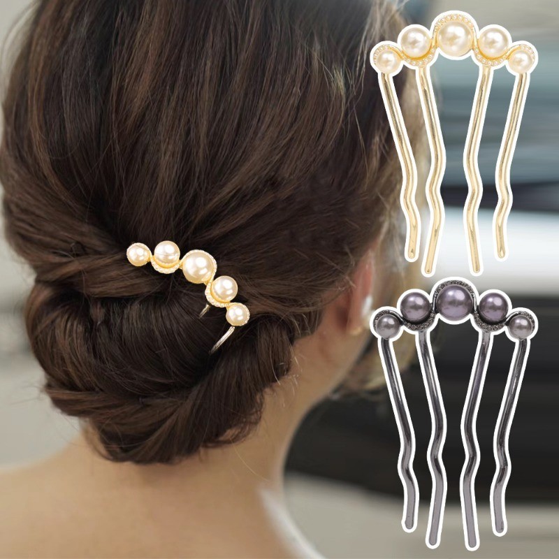 Kẹp Tóc Hình Chữ U Ngọc Trai Đơn Giản - Đen, Vàng, Ins Style, Kim Loại Tóc Bun - Kẹp Tóc Mũ Tiệc Cưới - Kẹp Tóc Tạo Kiểu Thanh Lịch Vintage - Dụng Cụ Tạo Kiểu Tóc