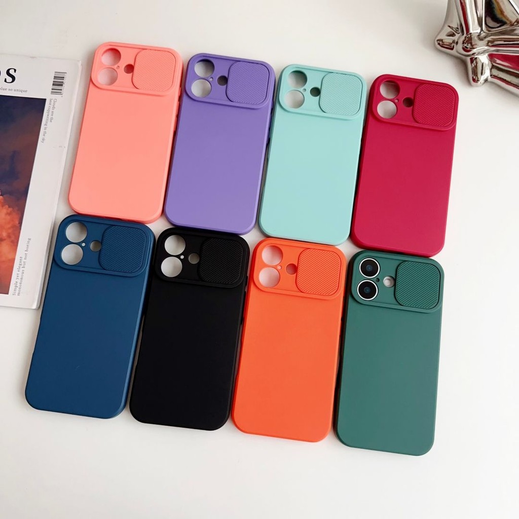 Ốp Mềm Bảo Vệ Ống Kính Cửa Sổ Trượt Cho IPhone 16 15 14 13 12 11 8 7 Pro Max Plus 12 13 Mini XSMAX XS XR Lithe Kết Cấu Da Da Cảm Thấy Chống Sốc Vỏ Điện Thoại Di Động