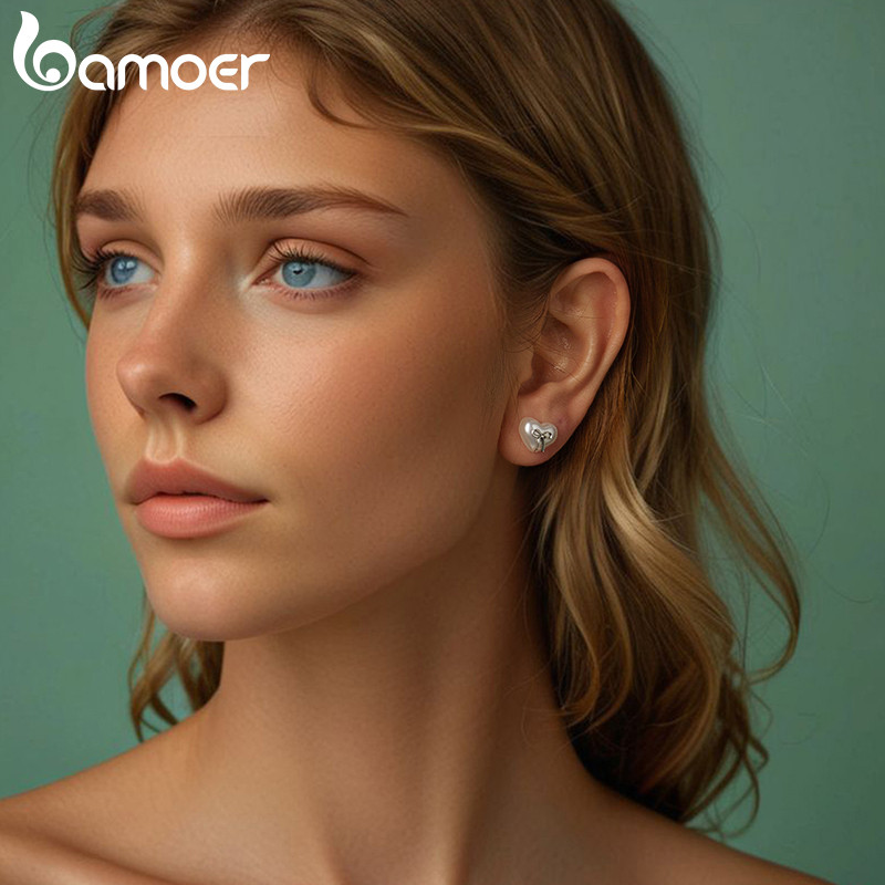 Bamoer Bạc 925 Bông Tai Nơ Trái Tim Món Quà Trang Sức Cho Nữ