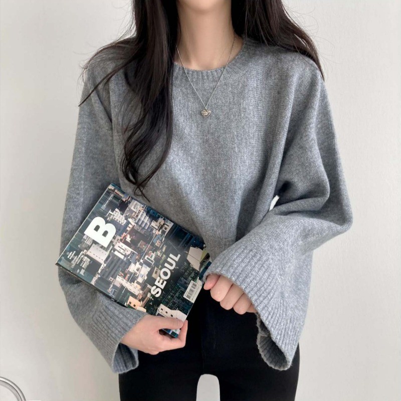 Suxi Retro Rời Thu Đông Thời Trang Mới Đơn Giản Cổ Tròn Dài Tay Dệt Kim Áo Len Nữ Ngắn 240908