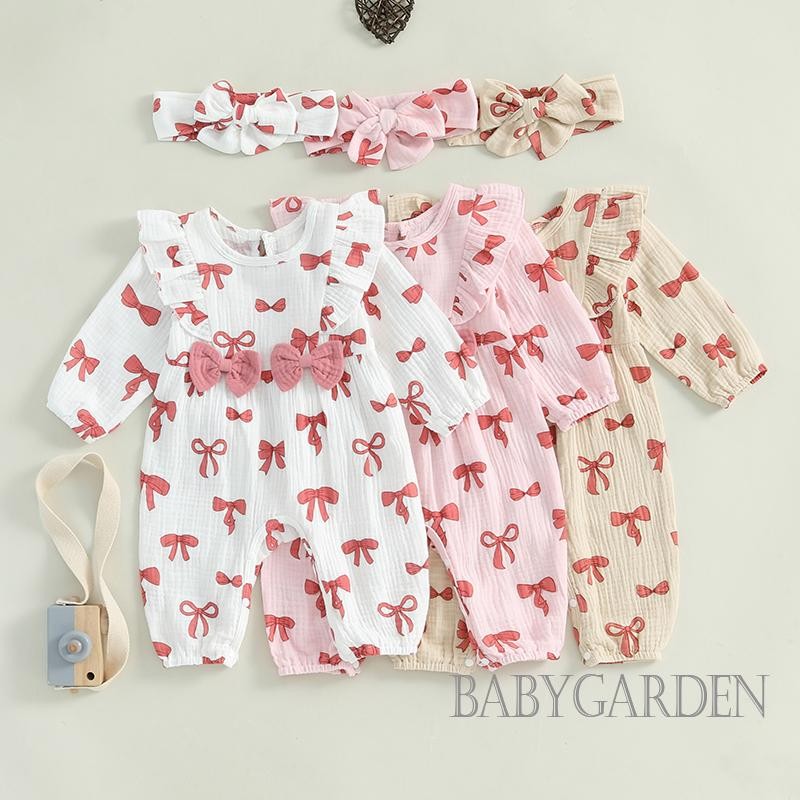 / / -Baby Girls Rompers Nơ In Hình Cổ Tròn Dài Tay Body Có Băng Đô Trẻ Sơ Sinh Quần Áo Mùa Thu