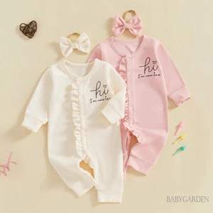 / / -Bộ Áo liền quần xếp nếp mùa thu in chữ dài tay cổ tròn Full Length Jumpsuit có nơ Headband
