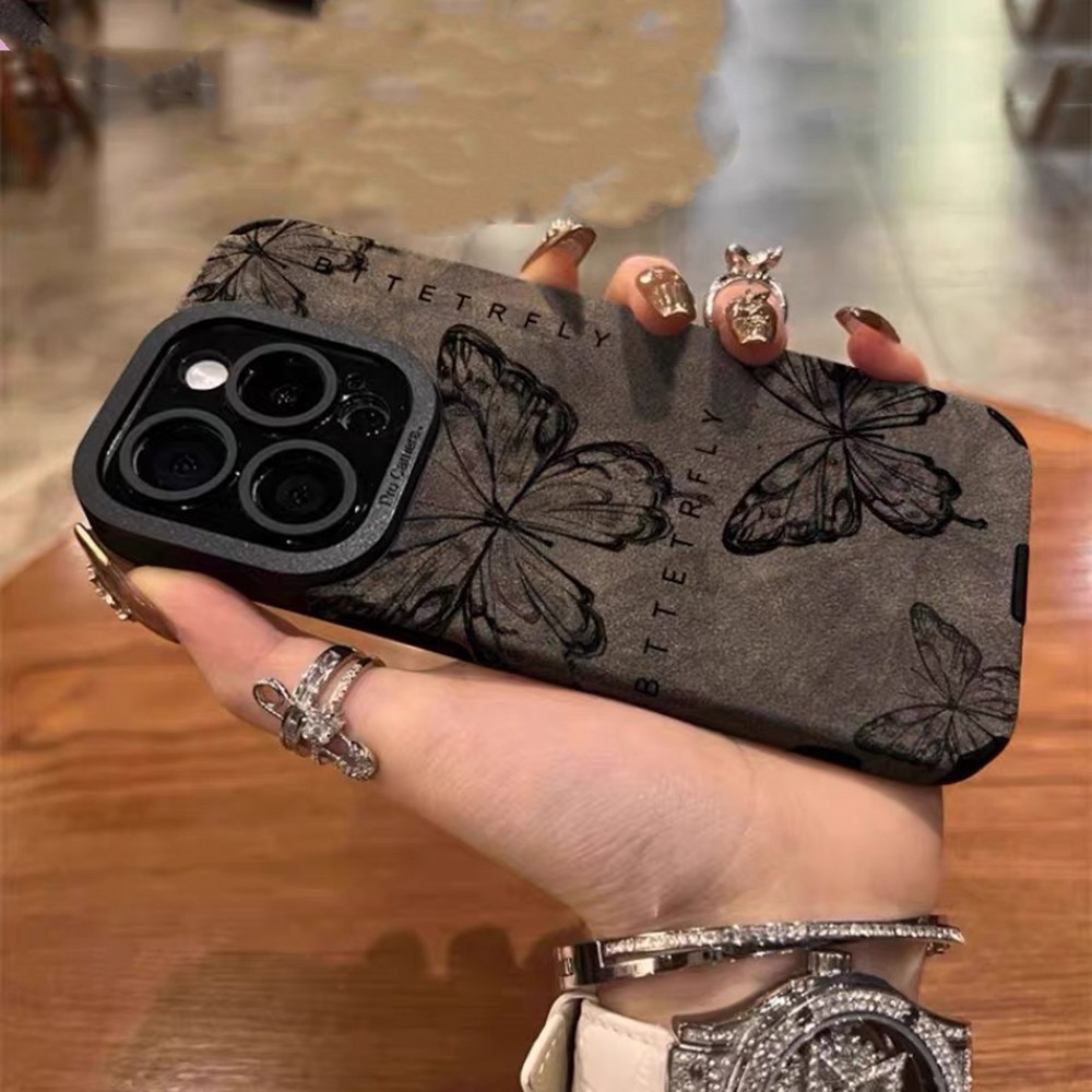 Ốp Điện Thoại Da Bướm Đen Cho iPhone 17 Pro Max 17 Air 16Plus 15 14 13 12 11 Bảo Vệ Toàn Diện Vỏ Bảo Vệ Chống Sốc