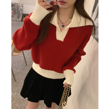 Áo len đỏ Áo noel tết Áo noel tết Áo cổ polo mùa xuân thu áo len màu đỏ cổ điển áo khoác áo Dệt Kim Mặc bên ngoài cảm giác cao cấp rộng rãi cho nữ