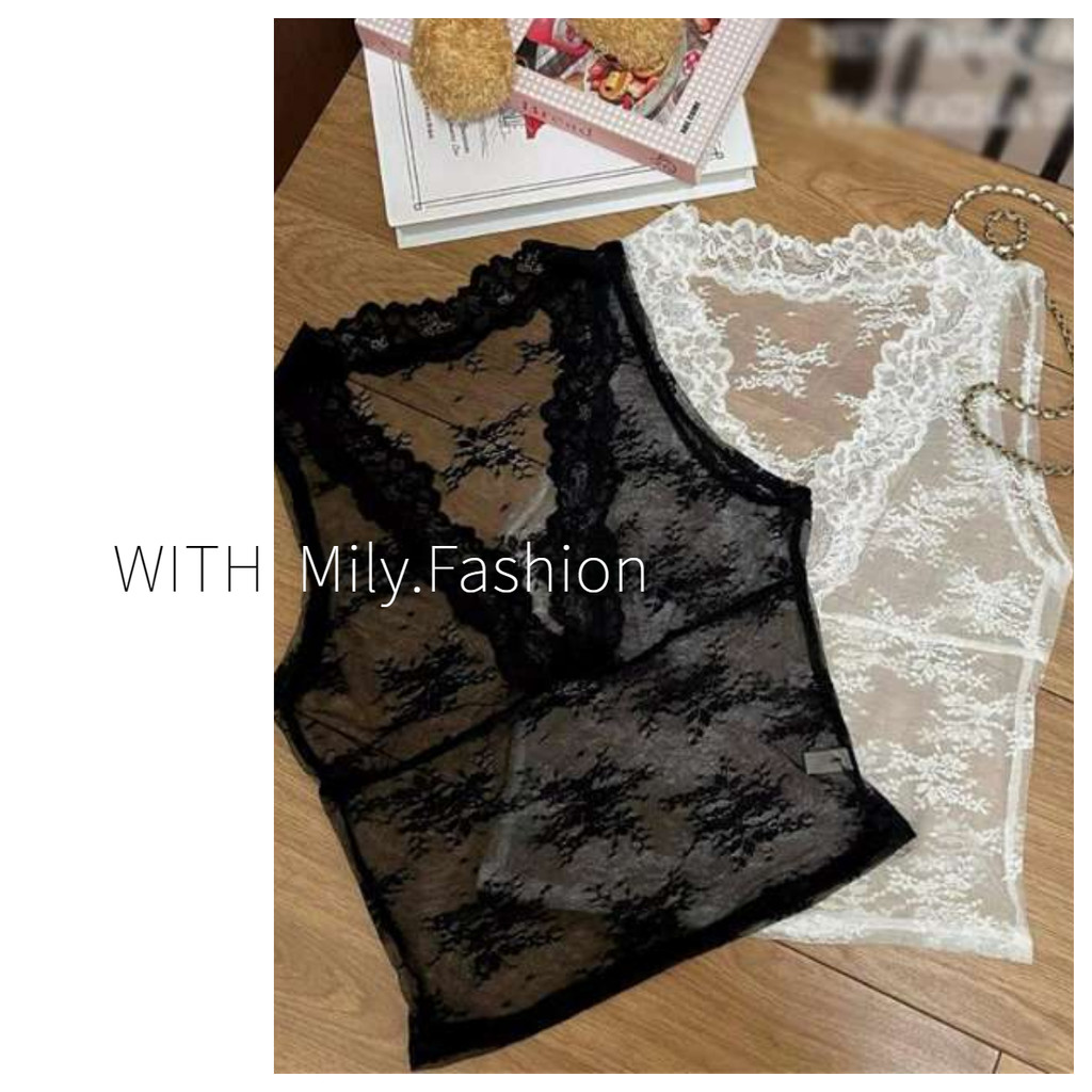 Milyfashion Gợi Cảm Nguyên Chất Desire Phong Cách Trắng Cổ Chữ v Ren Áo Vest Nữ Mùa Hè Không Tay Nhìn Xuyên Qua Top Lớp