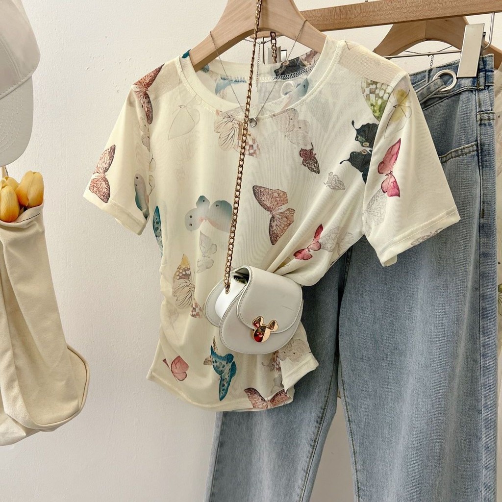 Xếp Ly Eo Eo Ôm Hơn Nhìn Phù Hợp Với Quan Điểm Lưới Ngắn Tay Top Mùa Hè Phong Cách Ngắn Bướm In Hình Áo Thun Nữ